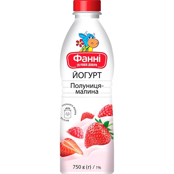 Йогурт питний ФАННІ полуниця-малина 1%, 750 г